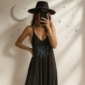 Black Celestial Maxi Dress Lagenlook Stars Moon Boho Flowy Artistic Small